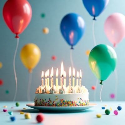 Birthday celebration with cake and balloons