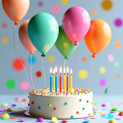 Birthday cake with candles and balloons