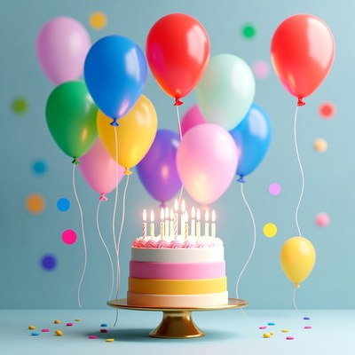 Colorful birthday cake and balloons display