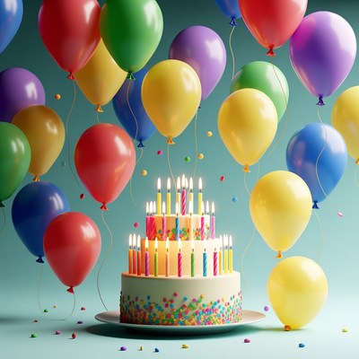 Birthday celebration with cake and balloons