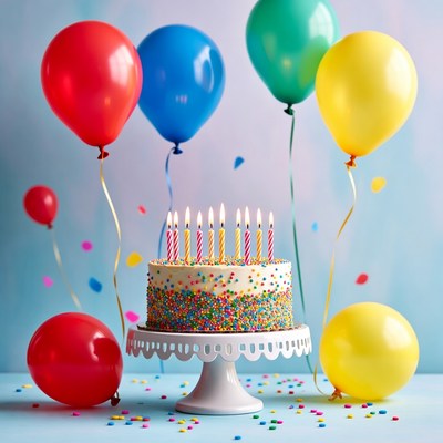 Birthday party with cake and balloons