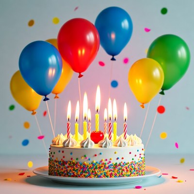 Birthday celebration with cake and balloons