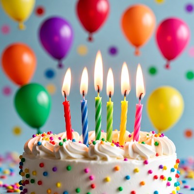 Birthday cake with colorful candles and balloons