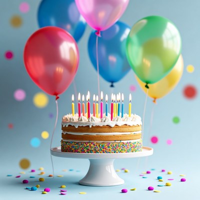 Colorful birthday cake with candles and balloons