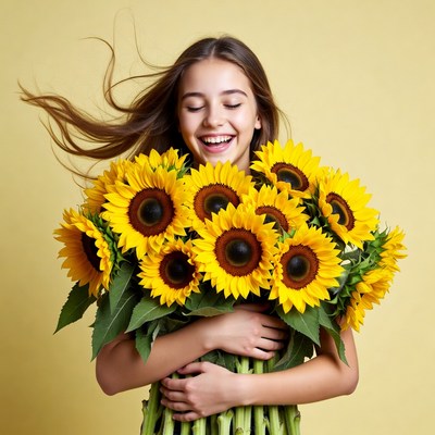 Holding sunflowers with joy