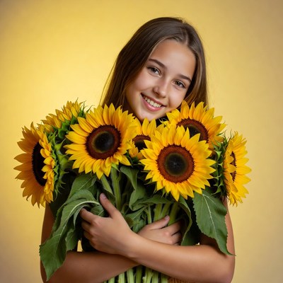 Young girl holds sunflowers with joy