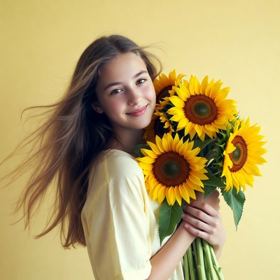 Girl holding sunflowers with yellow background
