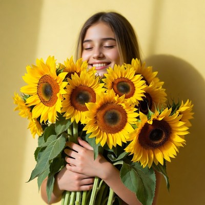 Girl holds sunflowers in bright space