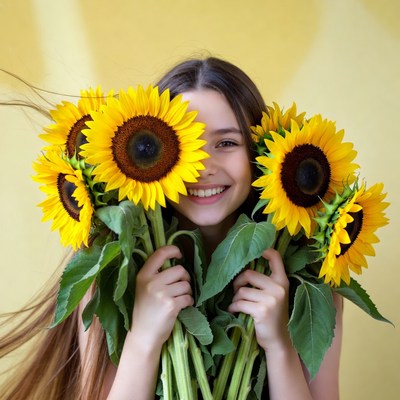 Sunflower girl in bright setting