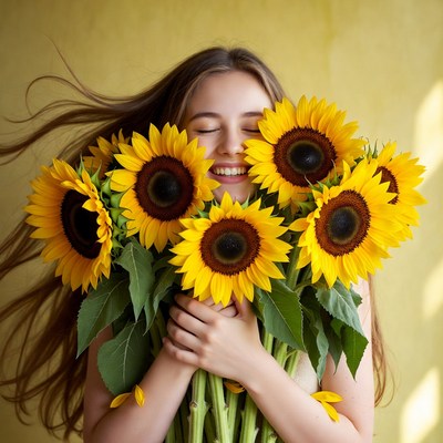 Smiling girl holds sunflowers tightly