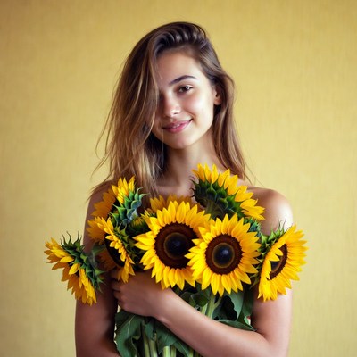 Young woman with sunflowers indoors