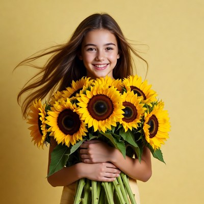 Girl holding sunflowers with smile