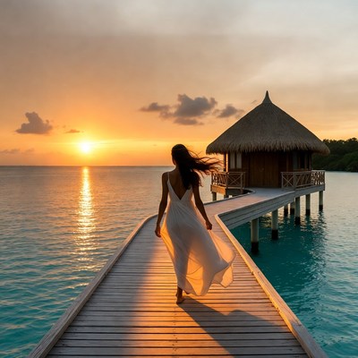 Woman walking on dock at sunset