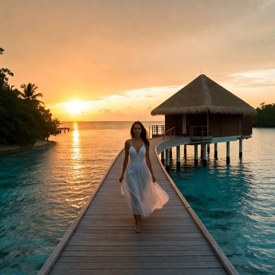 Woman walking on wooden path by water