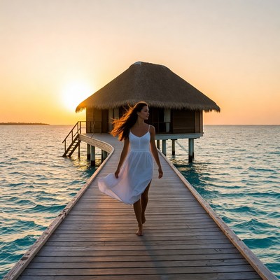 Woman walks on dock at sunset
