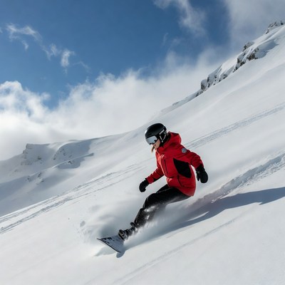 Snowboarder rides on mountain slope