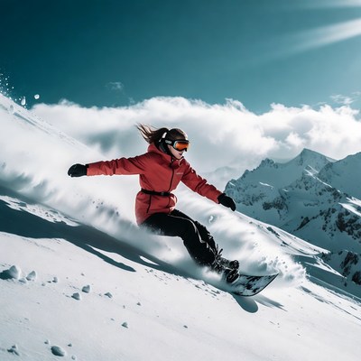 Snowboarder rides down mountain slope