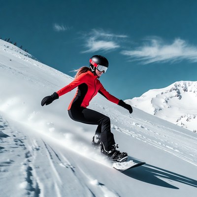 Snowboarder gliding down snowy slope