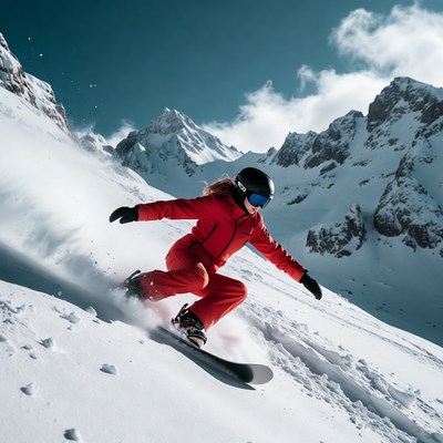 Snowboarder gliding down snowy slope