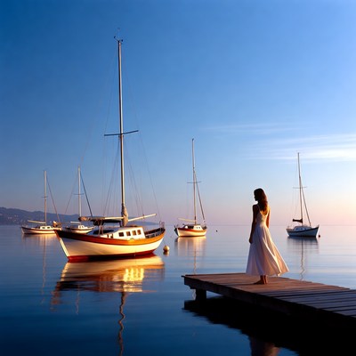 Sailboats on calm water at sunset