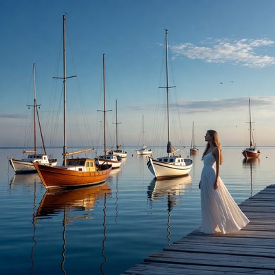 Woman by the water with boats
