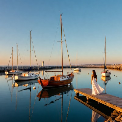 Sailboats and a woman by the water