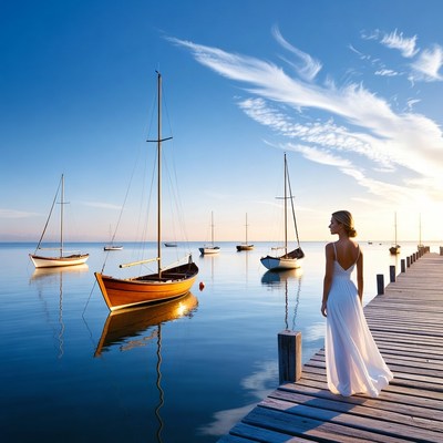 Woman by boats at sunset