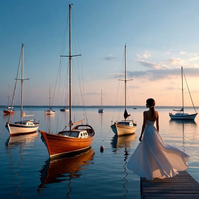 Sailing boats at sunset near the dock