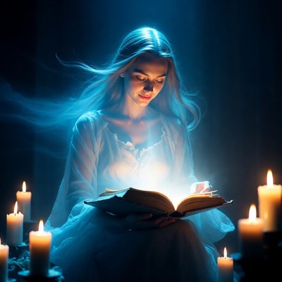 Woman reading book with candles around