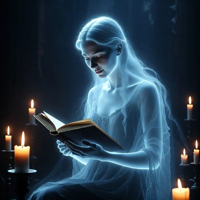 Ghost reading in candlelight at night