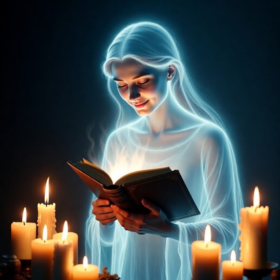 Ghost reading in candlelight at night
