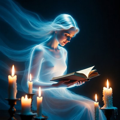 Ghostly figure reading at night