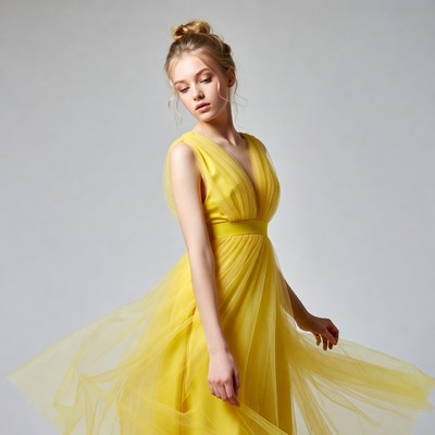 Young woman in yellow dress posing indoors