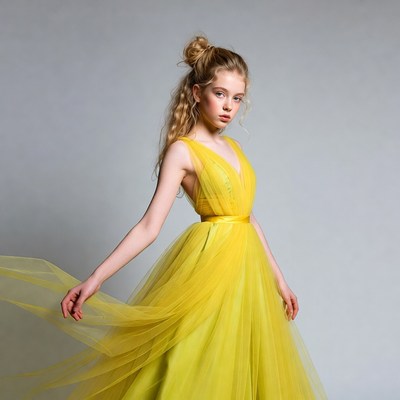 Girl in yellow dress with flowing fabric