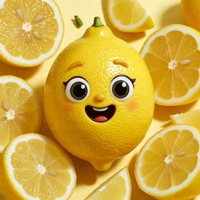 Lemon character with lemon slices around