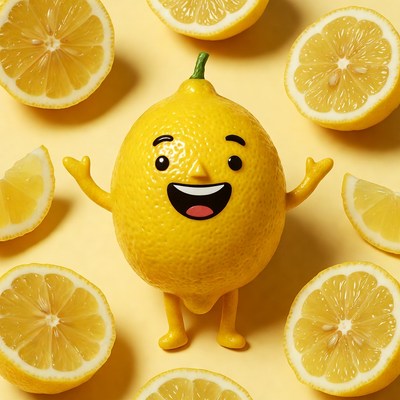 Smiling lemon with citrus slices around