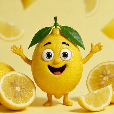 Cheerful lemon character with slices