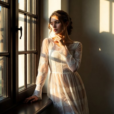 Woman by window in soft light