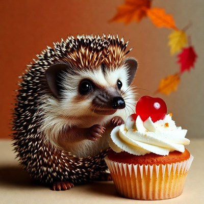Hedgehog with cupcake in autumn