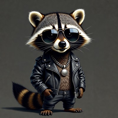 Raccoon in leather jacket and sunglasses