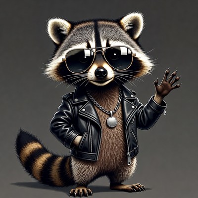 Raccoon in leather jacket waves