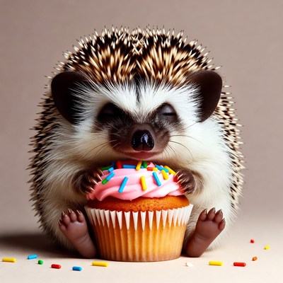 Hedgehog enjoys a cupcake with sprinkles