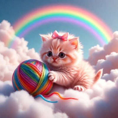 Kitten playing with yarn under rainbow