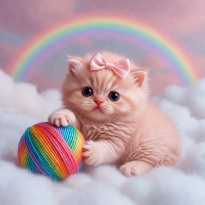 Cute kitten plays with rainbow yarn