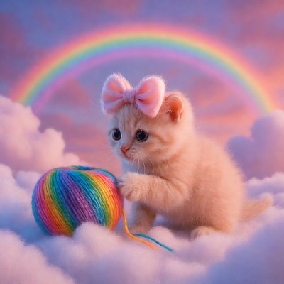 Kitten playing with rainbow yarn