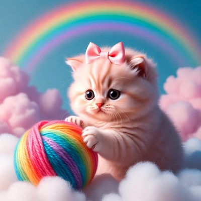 Cat playing with colorful yarn ball