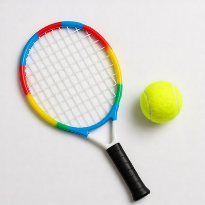 Colorful racket and ball on white