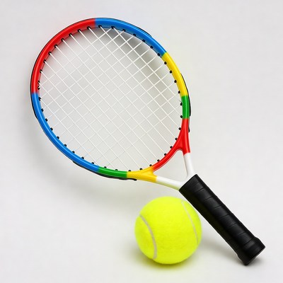 Colored tennis racket and ball on white background