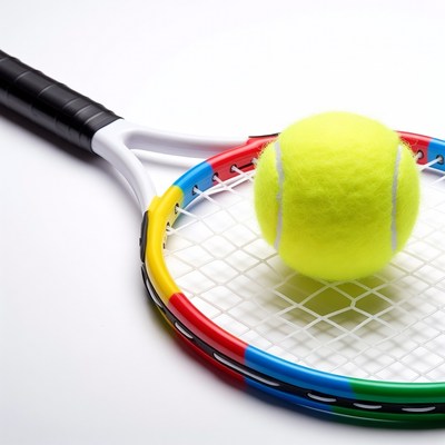 Tennis ball and racket on white surface