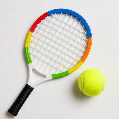 Tennis racket and bright ball on table